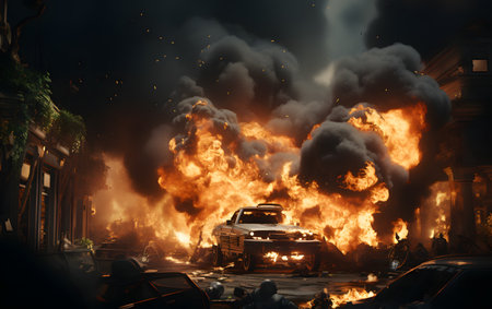 Burning cars in the city at night. Fire in the city.の素材