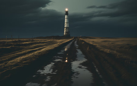 Lighthouse in the middle of the field at night. 3d renderingの素材