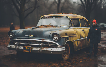 Vintage car in the mud on a foggy winter day.の素材