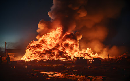 Burning forest at night. Firefighters extinguish the fire.の素材