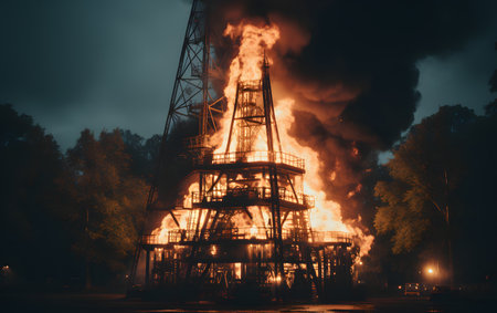 Burning oil rig at night. Oil and gas industry concept.の素材