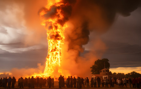 A group of people watching a big fire in the field at sunsetの素材