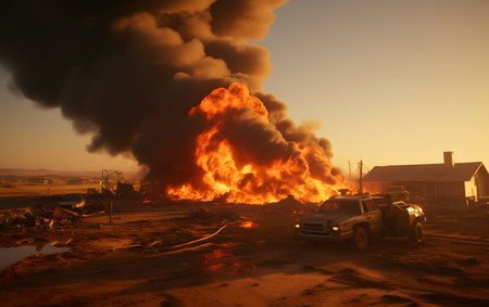 Burning house in the middle of the field during the sunset.の素材