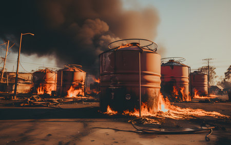 Burning fuel tanks in the smokestacks of an industrial plantの素材