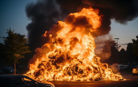 Burning car in the city. Fire in the city at night.の素材