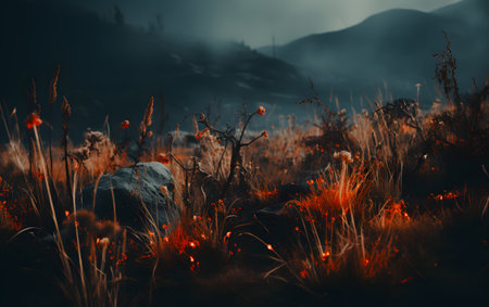 Burning grass in the mountains at night. 3d illustration.の素材