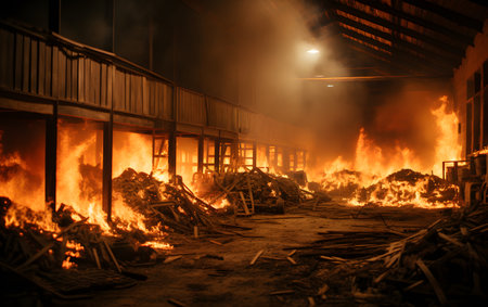 Burning fire in the factory at night, closeup of photoの素材