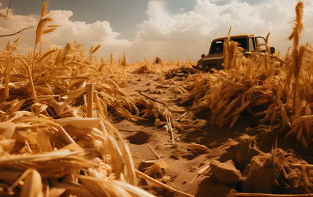 Rural landscape with a broken car in the middle of a wheat fieldの素材