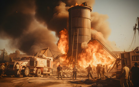 Firefighters extinguish a fire in an industrial area. Firefighters extinguish a fire.の素材