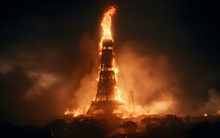 Burning oil rig at night. Oil and gas industry disaster.の素材