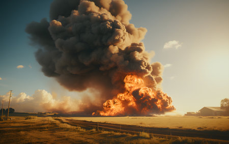 Big explosion in the field at sunset. Dramatic cloudscape.の素材