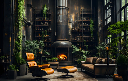 Interior of a room with a fireplace in a loft style.の素材