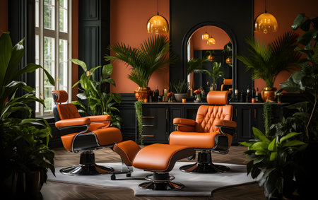 Modern barber shop interior with leather armchairs. 3d renderingの素材