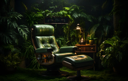 Green leather chair in a dark room with tropical plants. 3d renderingの素材