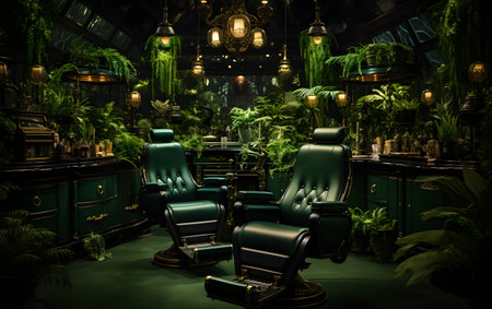 Barber shop interior with green chairs and plants. 3D renderingの素材