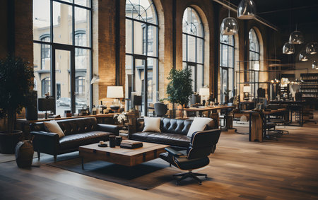 Interior of a modern cafe with a leather sofa and a coffee tableの素材