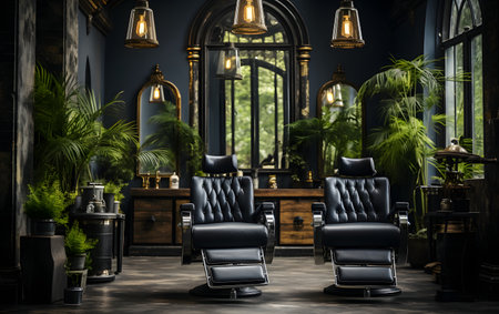Modern barbershop interior with black leather armchairs and lamps. 3D Renderingの素材