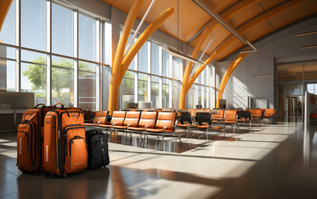 Luggage in airport terminal waiting area. Traveling concept. 3d renderingの素材