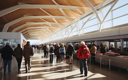 Rear view of a man walking in the hall of an airportの素材