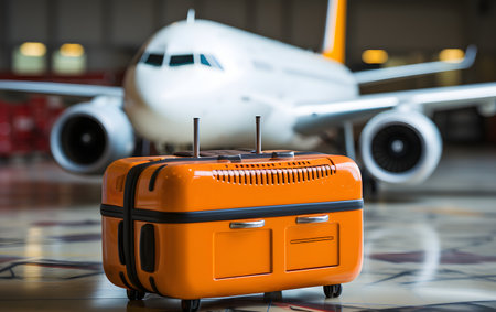 Orange suitcase and airplane at the airport. Travel and tourism concept.の素材