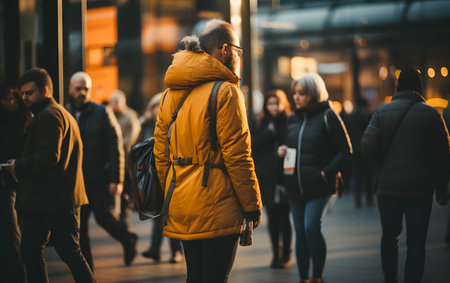 Back view of a young woman in a yellow jacket walking in the city.の素材