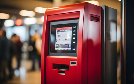 Red ATM machine in airport terminal, close up. Business travel conceptの素材