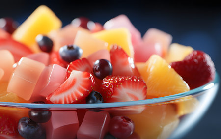 Fresh fruit salad in glass bowl on dark background, closeup viewの素材