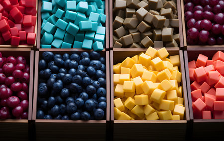 Colorful fruit cubes in a wooden box, close-up.の素材