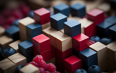Wooden blocks with berries on the table. Selective focus.の素材