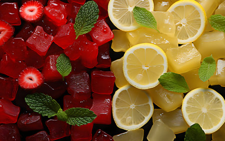 Lemon and strawberry jelly candies on black background. Top view.の素材