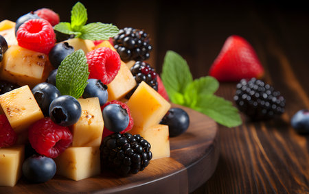 Mixed fruit salad on wooden background, selective focus, close upの素材