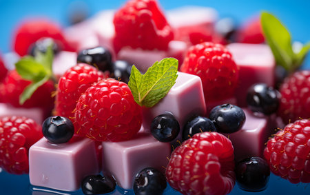 Chocolate with berries on a blue background. Selective focus.の素材