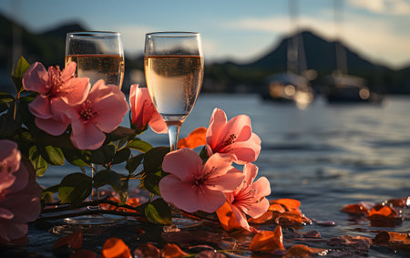 Two glasses of champagne on the water with flowers in the background.の素材