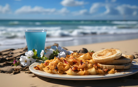 Breakfast on the beach with fried bananas and a glass of milkの素材