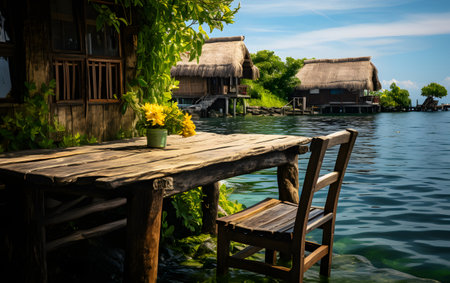 wooden table and chairs on the shore of the lake in Thailandの素材