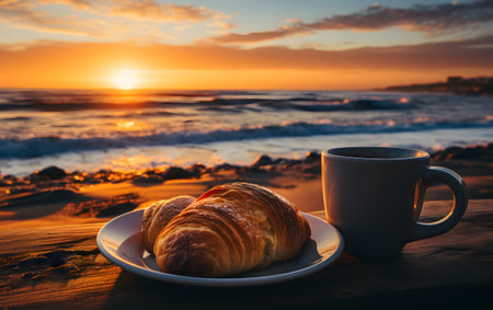 Breakfast with coffee and croissants on the beach at sunset.の素材