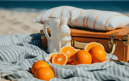 Suitcase with oranges and a cup of coffee on the beachの素材