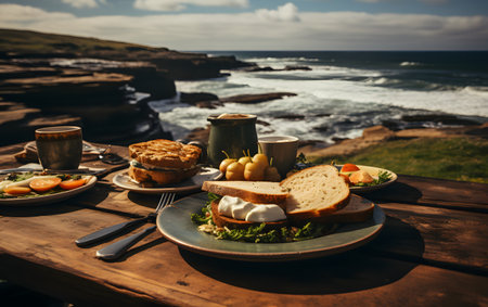 Breakfast on the beach with bread, eggs, cheese and coffeeの素材
