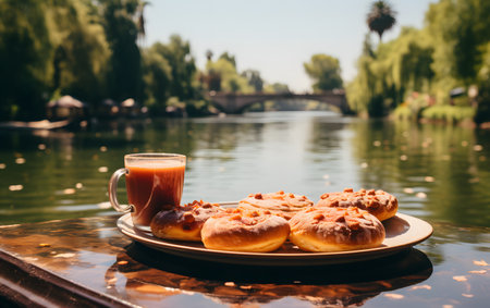 Cup of coffee with donuts on the background of the lakeの素材