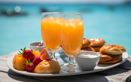 Two glasses of orange juice with fruit and buns on the beachの素材