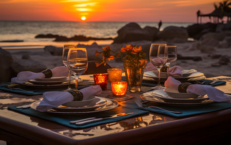 Romantic dinner setting on the beach at sunset. Toned.の素材