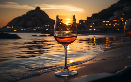 Wineglass of red wine on the beach at sunset in Budva, Montenegroの素材