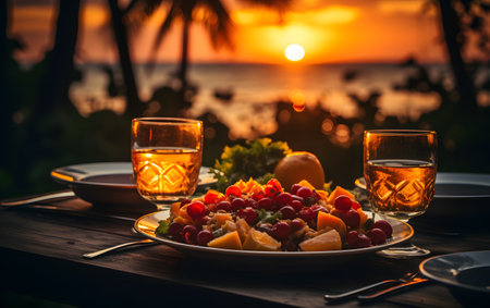 Plate of fruit salad with glass of wine on table at sunsetの素材