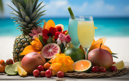 Fruit cocktail on a tropical beach background. Exotic holiday conceptの素材