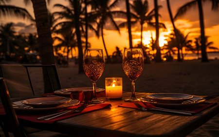 Romantic dinner on the beach at sunset with a view of the seaの素材