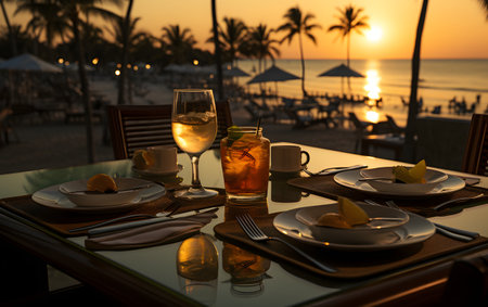 Cocktails on a table in a restaurant on the beach at sunsetの素材