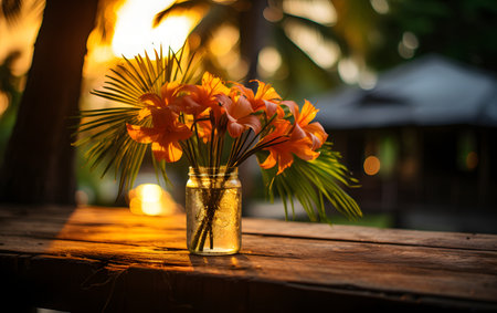 Orange flower in vase on wooden table with blur bokeh background.の素材