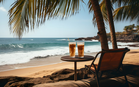 Coconut cocktails on the beach with a view of the seaの素材