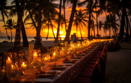 Beautiful romantic dinner set on the beach with palm trees at sunsetの素材