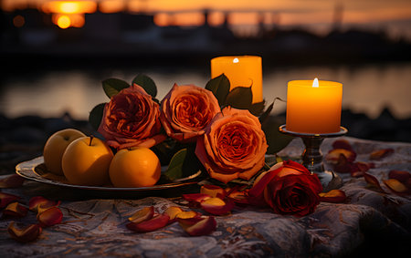 Romantic still life with roses, candles and fruits on the background of the sea.の素材